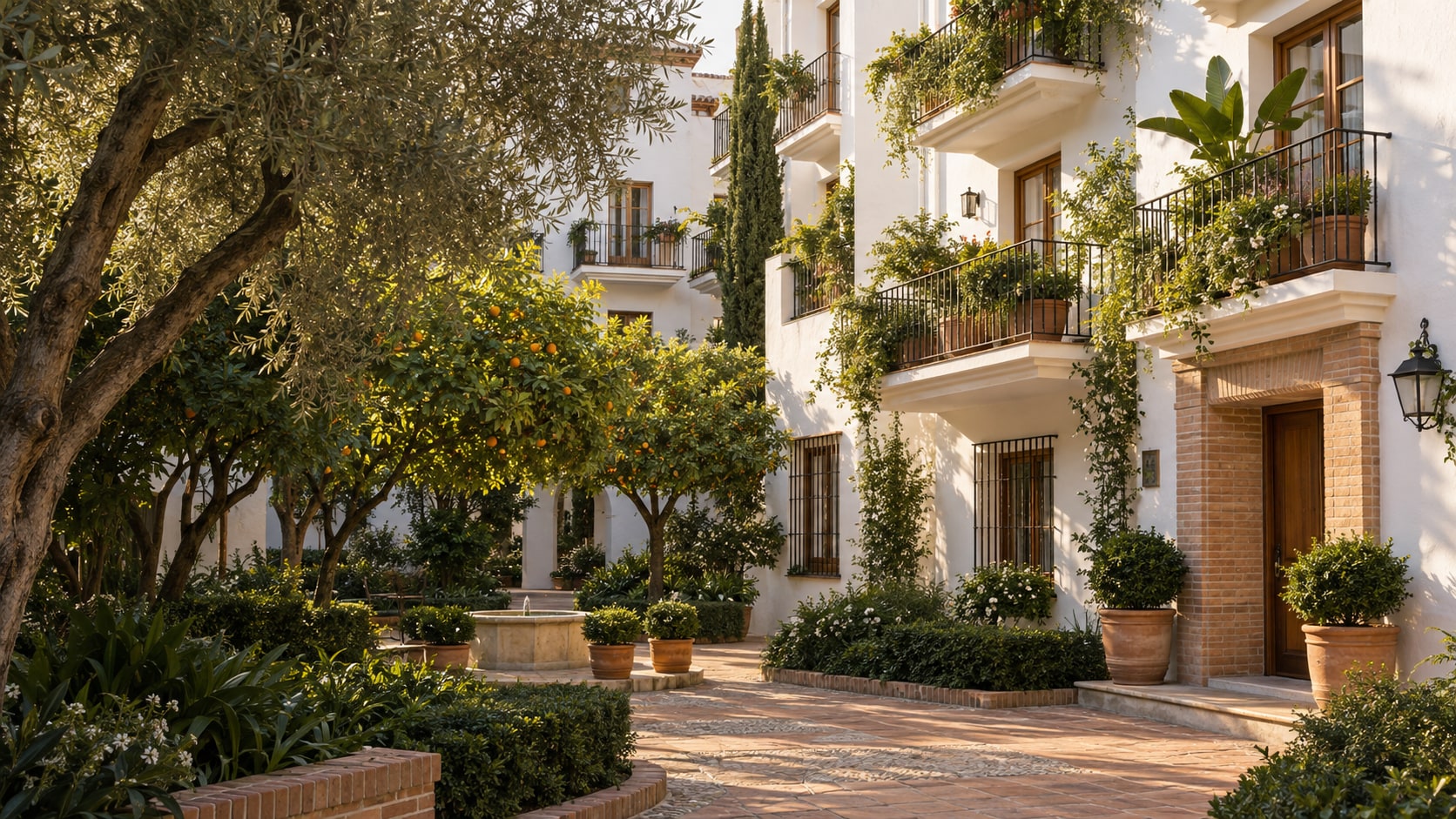 Imagen ilustrativa de una comunidad residencial con balcones y un patio ajardinado